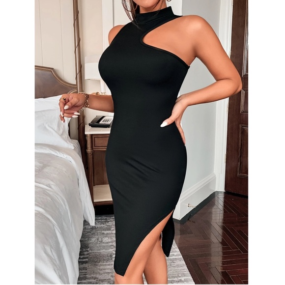 Black Asymmetrical Mock Neck Leg Slit Bodycon Dress Knee Length - Picture 2 of 8